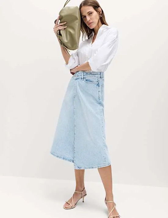 Pure Cotton Denim Asymmetric Midi Wrap Skirt