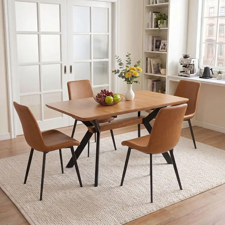 HIPIHOM 55-71" Extendable Dining Table Set w/ 4 Brown Chairs | Oak finish, space saving for kitchen, dining room, small apartment