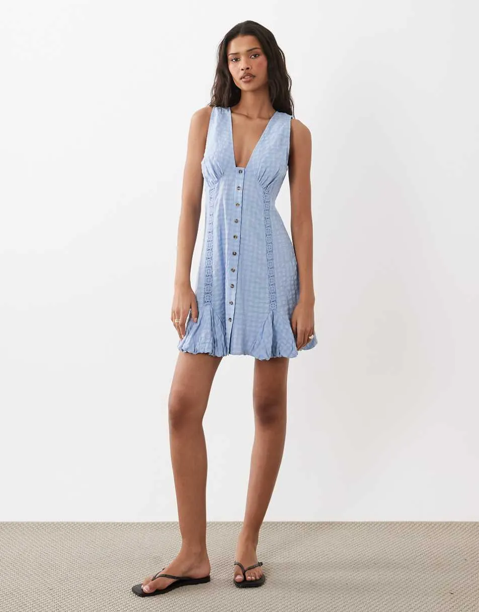 ASOS DESIGN v neck mini button down mini dress with lace trims and godets in dusky blue