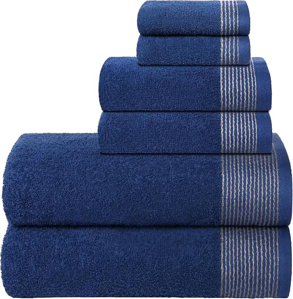 Belizzi Home 100% Cotton Ultra Soft 6 Pack Towel Set, Contains 2 Bath Towels 28x55 inchs, 2 Hand Towels 16x24 inchs & 2 Washcloths 12x12 inchs, Compact Lightweight & Highly Absorbant - Navy Blue