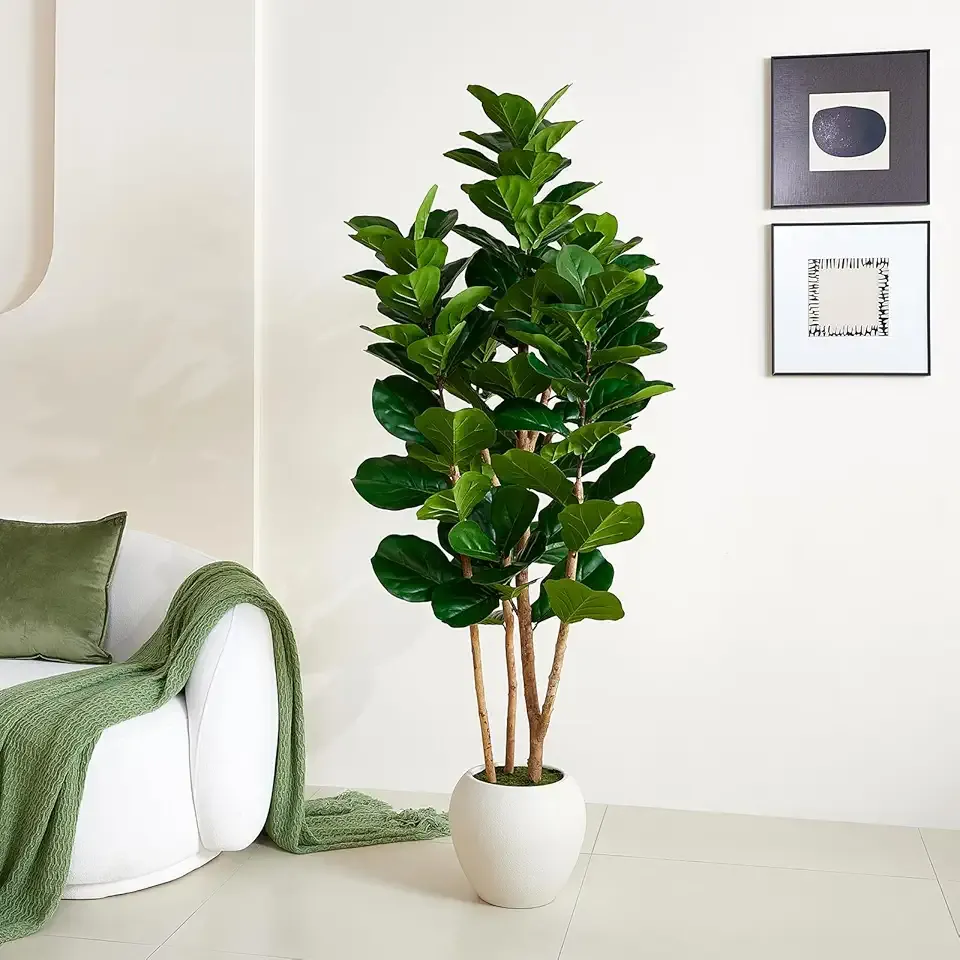 6FT Artificial Fiddle Leaf Fig Tree with White Planter - Tall Fake Tree, 3 Real Wood Trunks, Real Moss Pot, Artificial Plants Indoor Faux Tree for Home Living Room Office Decor, VN244