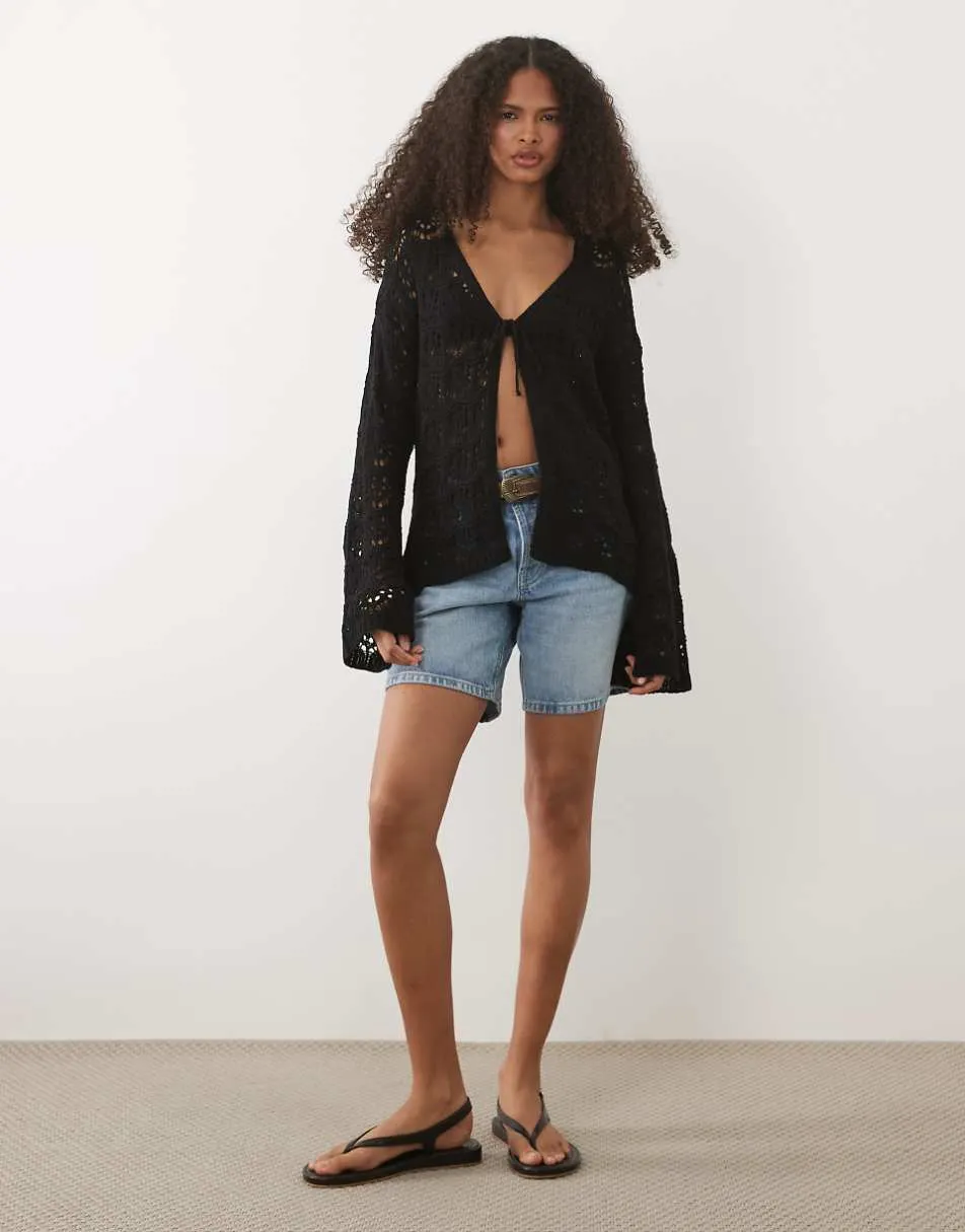 Miss Selfridge tie front boho cardigan in black