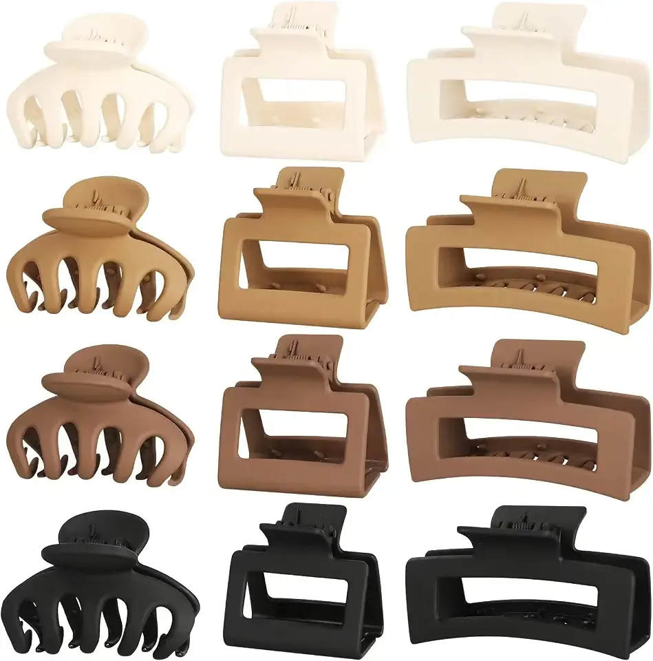 Small Medium Claw Clips for Women, 3 Styles Hair Clips for Thick and Thin Hair, Non-slip Strong Hold, 12 Pcs (White,Khaki,Brown,Black)