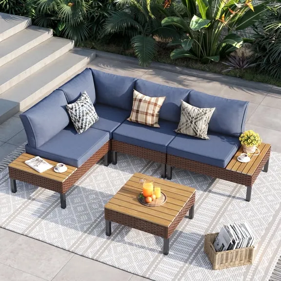 ELPOSUN Patio L Shaped Conversation Sectional Sofa Set with Coffee Table, 5 Pieces Patio Furniture Seating Group with Side Table for Backyard Garden, Navy