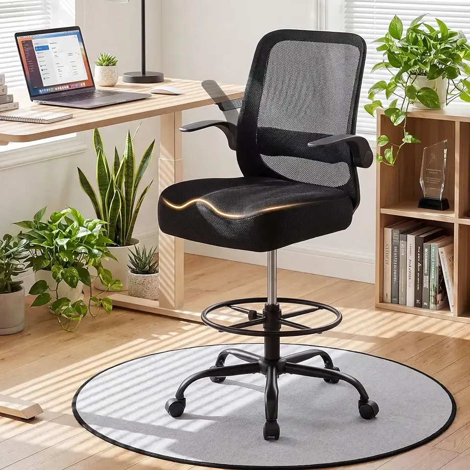 Drafting Chair 500LBS – Tall Office Chair with Adjustable Height & Foot Ring for Standing Desk, Ergonomic Mesh Chair with Flip-Up Armrests, Thick Curved Seat for Home Office & Creative Work