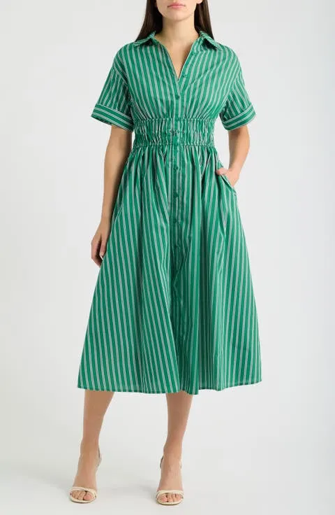 Stripe Drawcord Waist Shirtdress