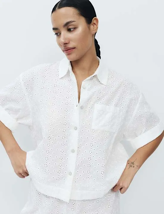 Pure Cotton Broderie Short Sleeve Pyjama Shirt