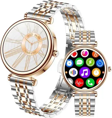 Elegante Smartwatch Damen mit Telefonfunktion 2026 Gold Silber rund Fitnessuhr mit Herzfrequenz für Android und Apple wasserdicht IP67 mit Armbandwechsel