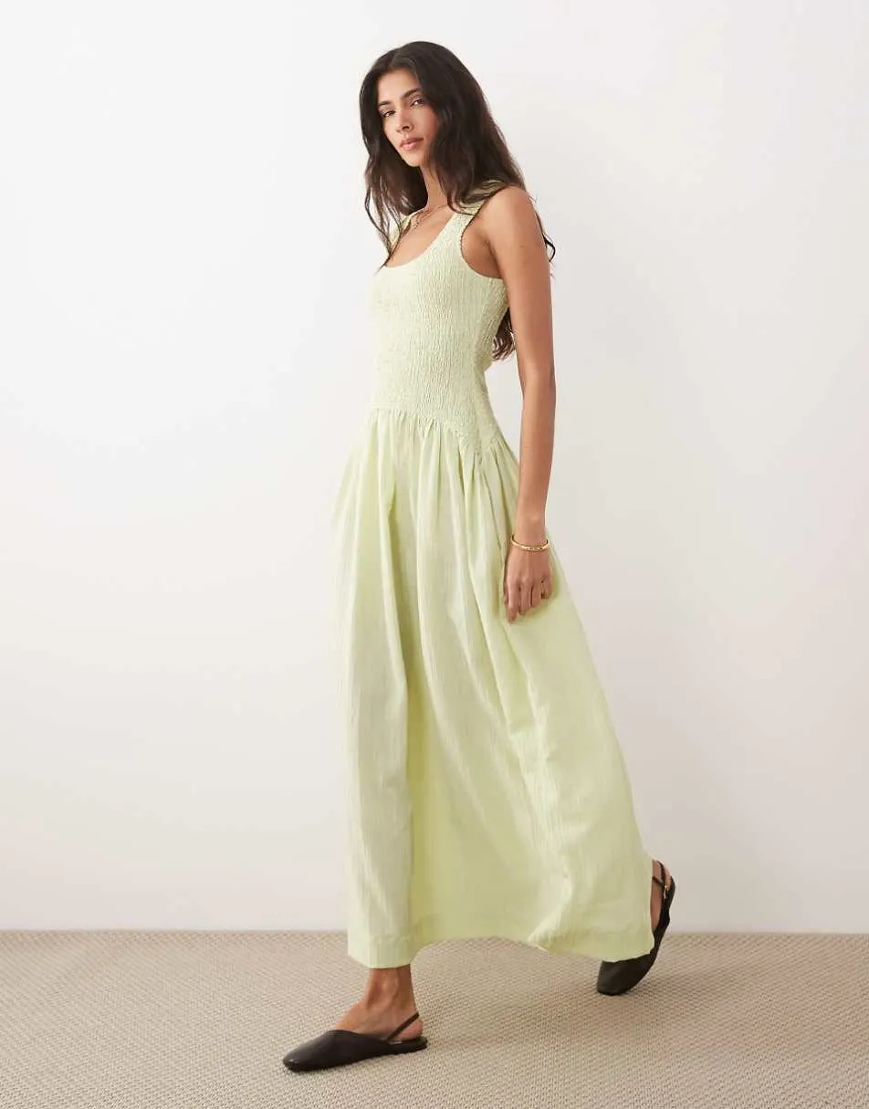 ASOS DESIGN crinkle scoop neck maxi sundress with shirred waist in lime