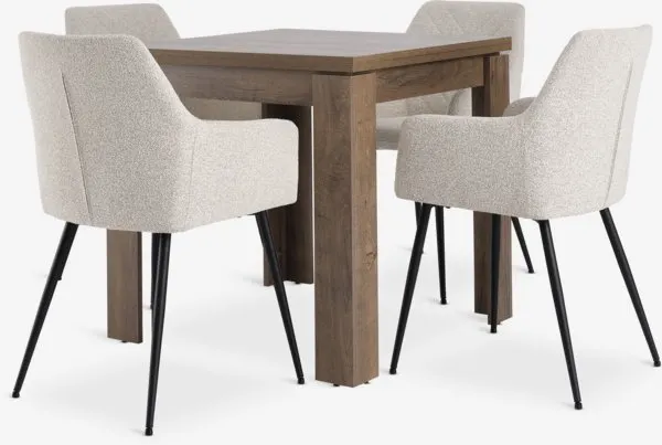 VEDDE Tavolo L80/160 cm rovere selv.scu+4 PURHUS avorio/nero