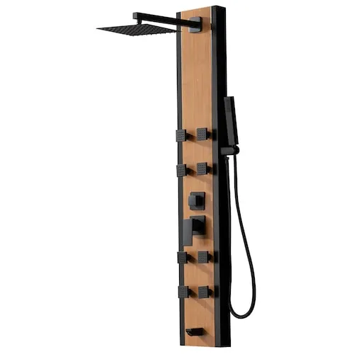 8-Jet Shower Panel System with Rainfall Waterfall Shower Head and Shower Wand in Black Bamboo