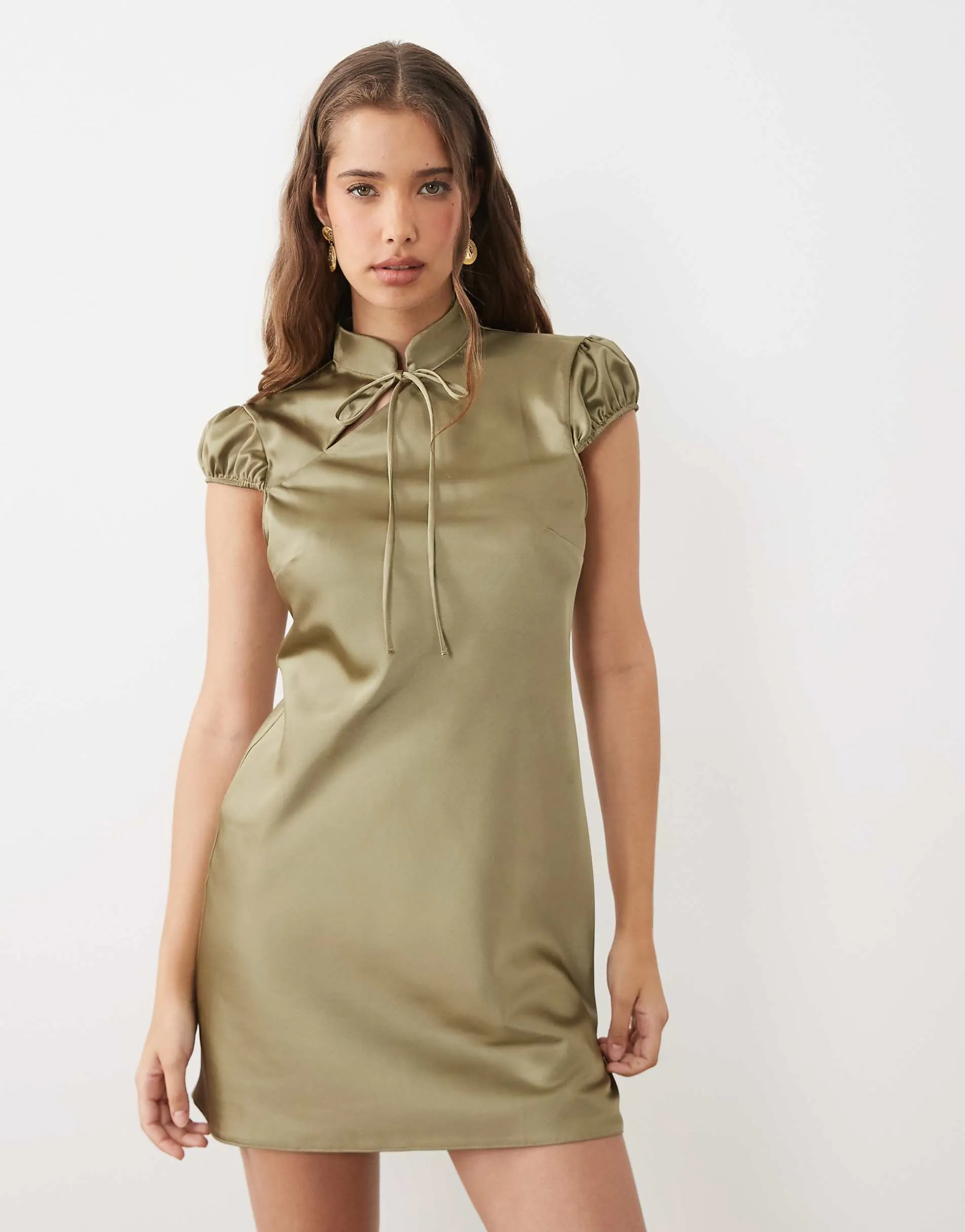Miss Selfridge satin tie neck mini dress in khaki
