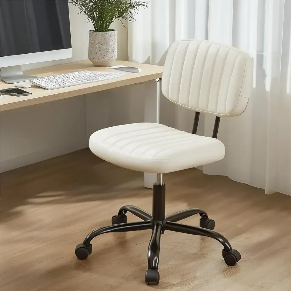 Small Office Desk Chair - Armless PU Leather with Comfy Lumbar Support, Height Adjustable Rolling Swivel Task for No Arms, for Adult, Student, Bedroom, Home, Vanity, Beige White