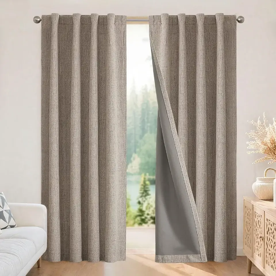 Blackout Curtains for Bedroom - Nature Linen 84 Inch Long 100% Light Blocking 2 Panels Set, Rod Pocket & Back Tabs Living Room Drapes, Thermal Insulated Room Darkening Window Curtains