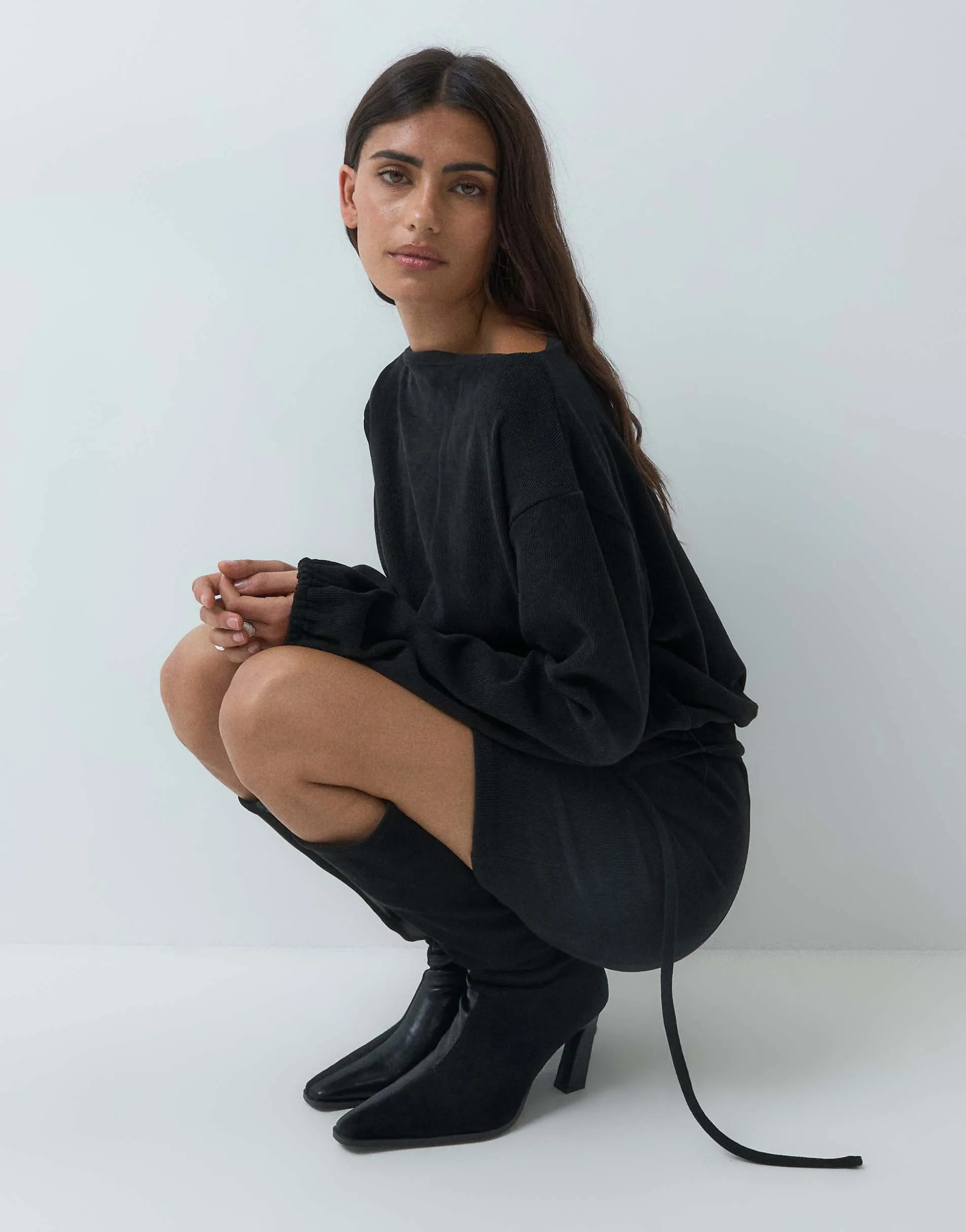 ASOS DESIGN soft cord slash neck belted mini dress in black