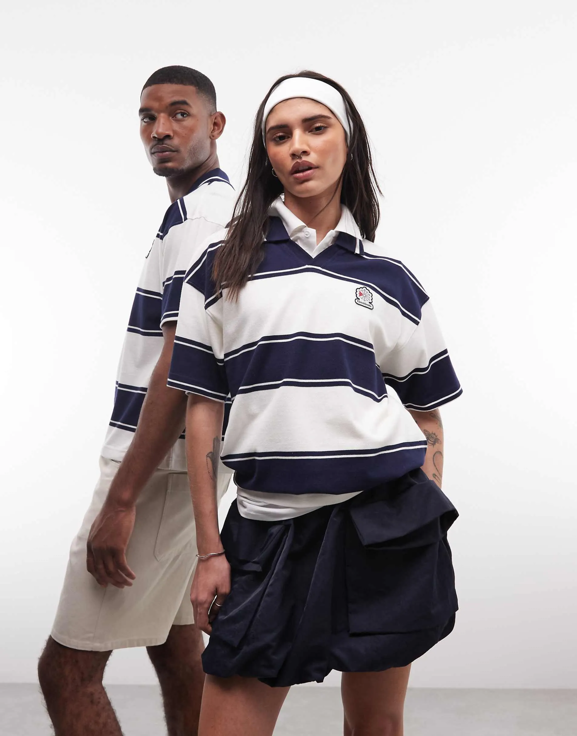 Reebok knitted stripe polo on off white and navy - Exclusive to ASOS