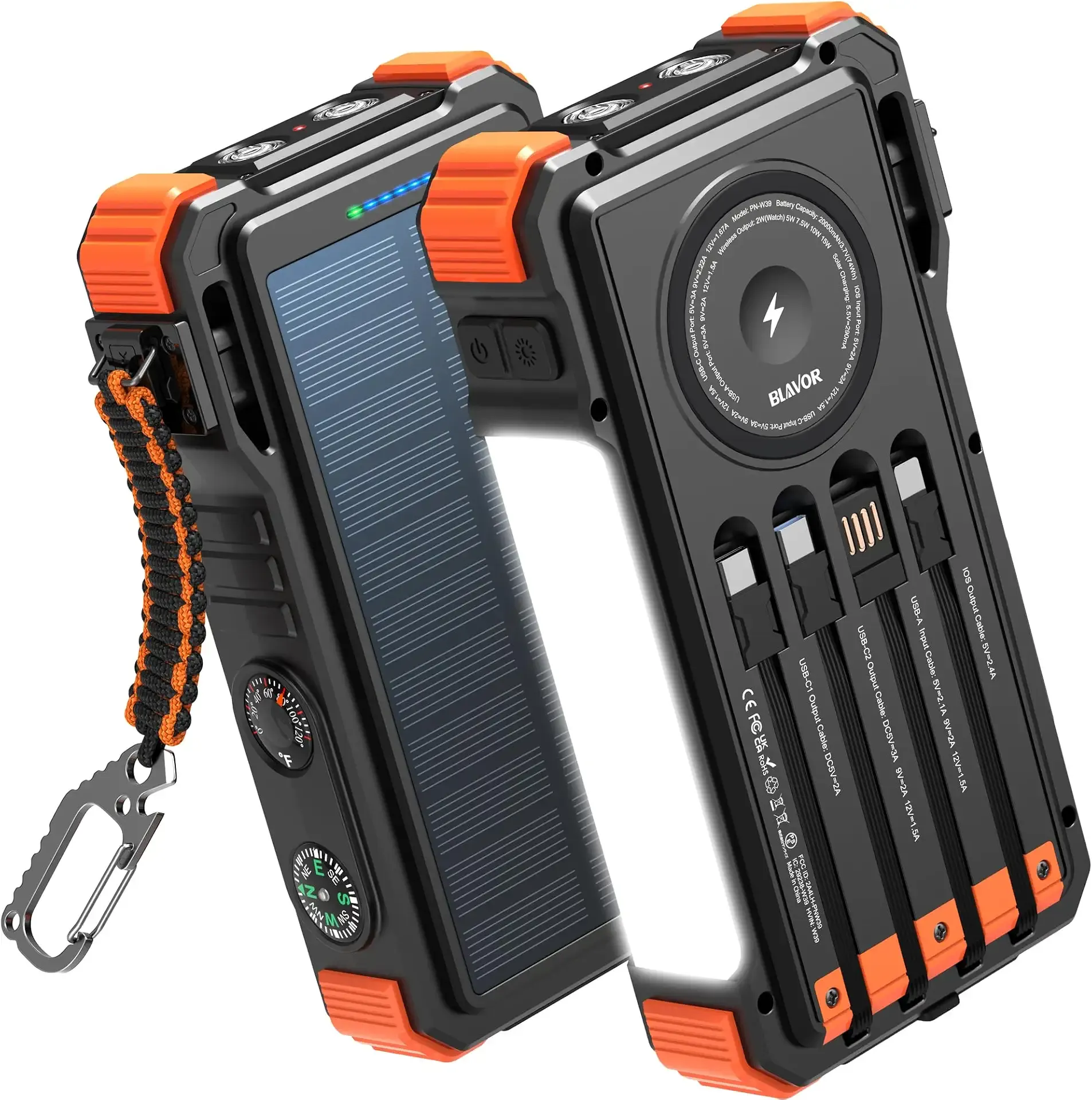 BLAVOR Solar Power Bank 20000mAh, Wireless Charger for Phones & Apple Watch | Portable battery pack, 4 built-in cables, 20W USB-C fast charging, IPX5 waterproof, camping flashlight, outdoor emergencies