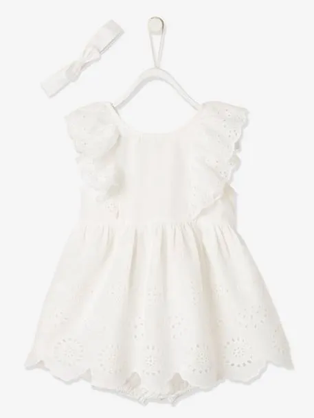 Ensemble cérémonie bébé robe, bloomer et bandeau - ivoire
