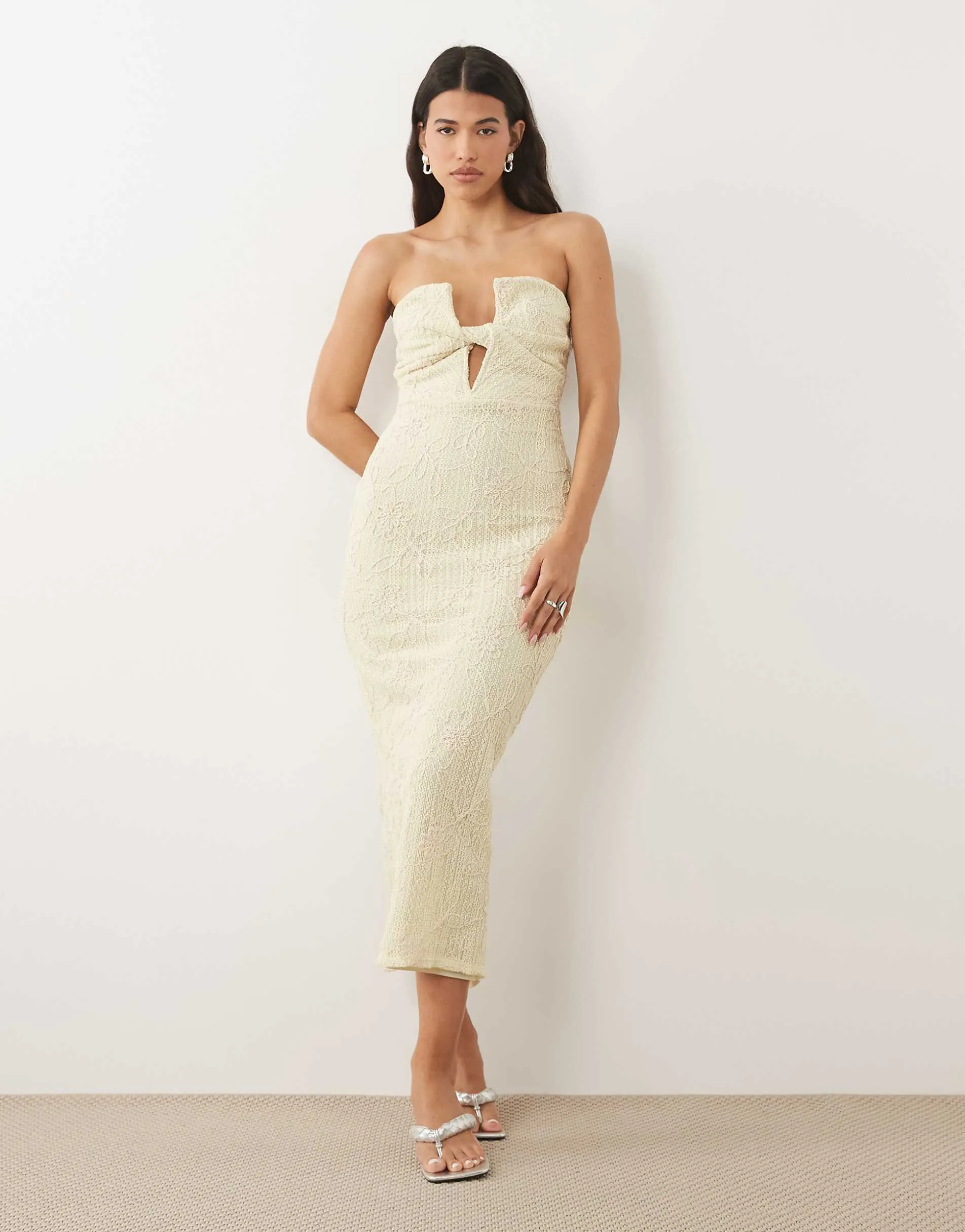 ASOS DESIGN embroidered crochet bandeau midi dress in lemon