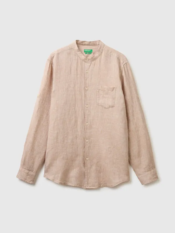 Pure linen shirt with mandarin collar