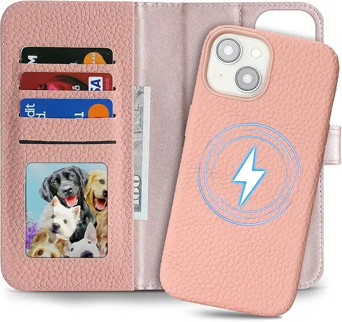 Detachable Genuine Leather Case for iPhone 13/14 Wallet Case Magnetic 2in1 Removable Flip Cover Support Magsafe Charging Stand Function Card Holder Shockproof Protective Cover-Pink
