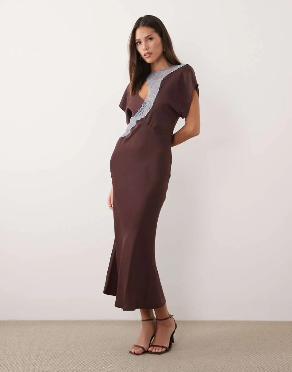 ASOS DESIGN lace applique grown on sleeve bias cut satin dress in plum