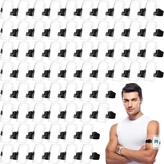 Sherr 100 Pcs Arm Badge Armband Visibility PVC ID Card Holder with Adjustable Strap Fastener Armband Pass Clear Display Name Tag Holder for Work Ski Postcard Pass Universal Size(Black)