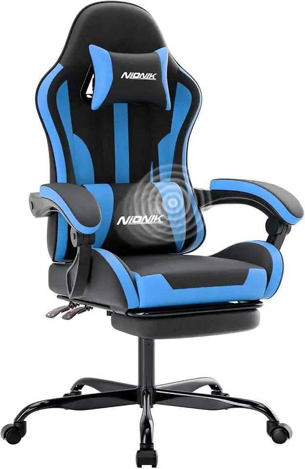 Gaming Chair, Ergonomic Computer Chair with Footrest and Lumbar Support, Height Adjustable Game Chair with 360°-Swivel Seat and Headrest and for Office or Gaming BlackBlue