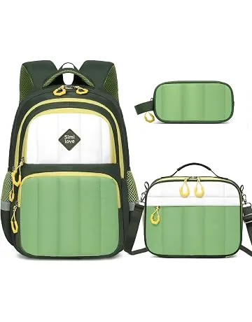Similove Kindergarten Backpack for Boys 5-8, 3PCS Quilted Backpacks Set | with Lunch Box & Pencil Pouch,15.7 inch Boys Bookbag Daypack for Preschool Kingdergarten Elementary School(Olive Green)