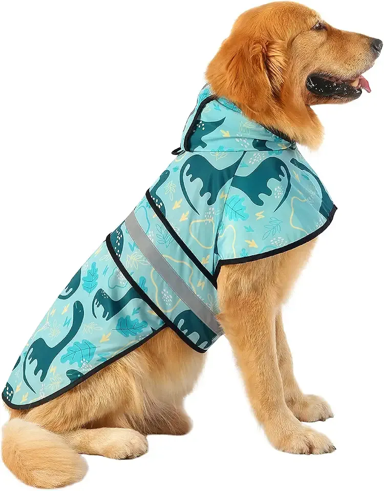HDE Dog Raincoat with Hood & Leash Hole S-XL Dog Rain Jacket Dino XL | Hooded Rain Coat, Reflective Safety Strip, Water Resistant, Easy On/Off, Good for Pets, Small Medium & Extra Large Dog Breeds