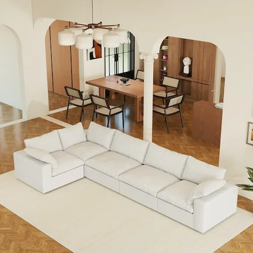 Large V-shaped Down Filled 118 in. 5-Piece Linen Cloud Modular Sectional Sofa Couch with Washable Covers in.White