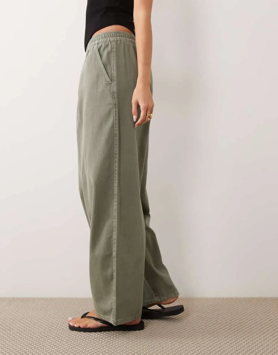 ASOS DESIGN pull on barrel tie waist trouser in washed khaki