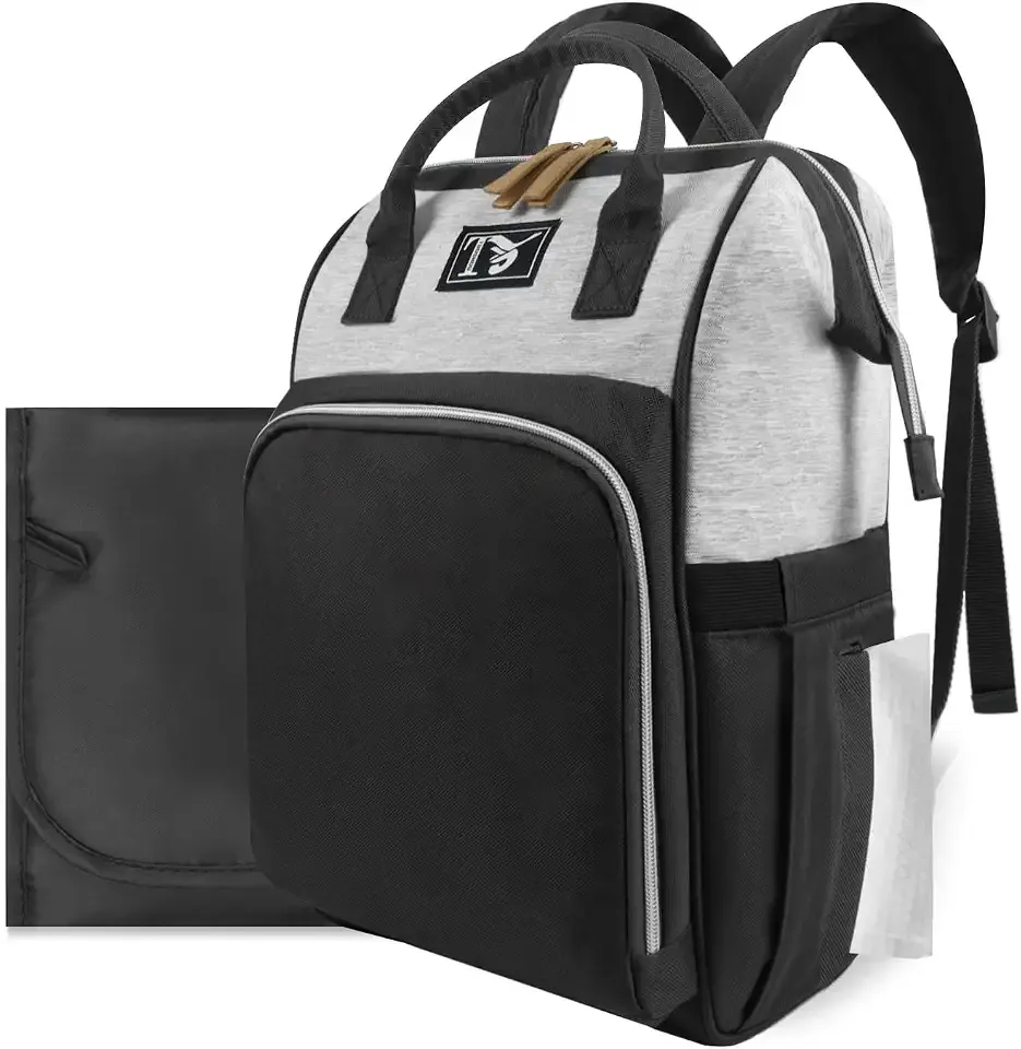 Diaper Bag Backpack for Women - Multifunction Travel Essentials Baby Diaper Bag with Changing Pad, Large Backpack Baby Girl Boy, Insulated Bottle Holders & Stroller Straps (Black+Gray)