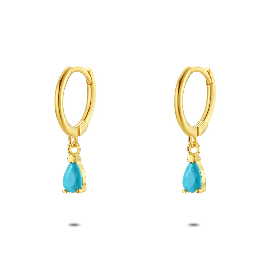 Oorbellen in 18kt verguld zilver, oorring, druppeltje in turquoise zirkonia