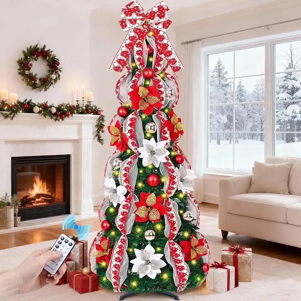 MARTINE MALL 6FT Pre-Lit Pre-Decorated Pop Up Christmas Tree with 200 Lights & Remote, Artificial Collapsible Foldable Christmas Tree with Poinsettia Ribbon Bow for Home Indoor Outdoor Party