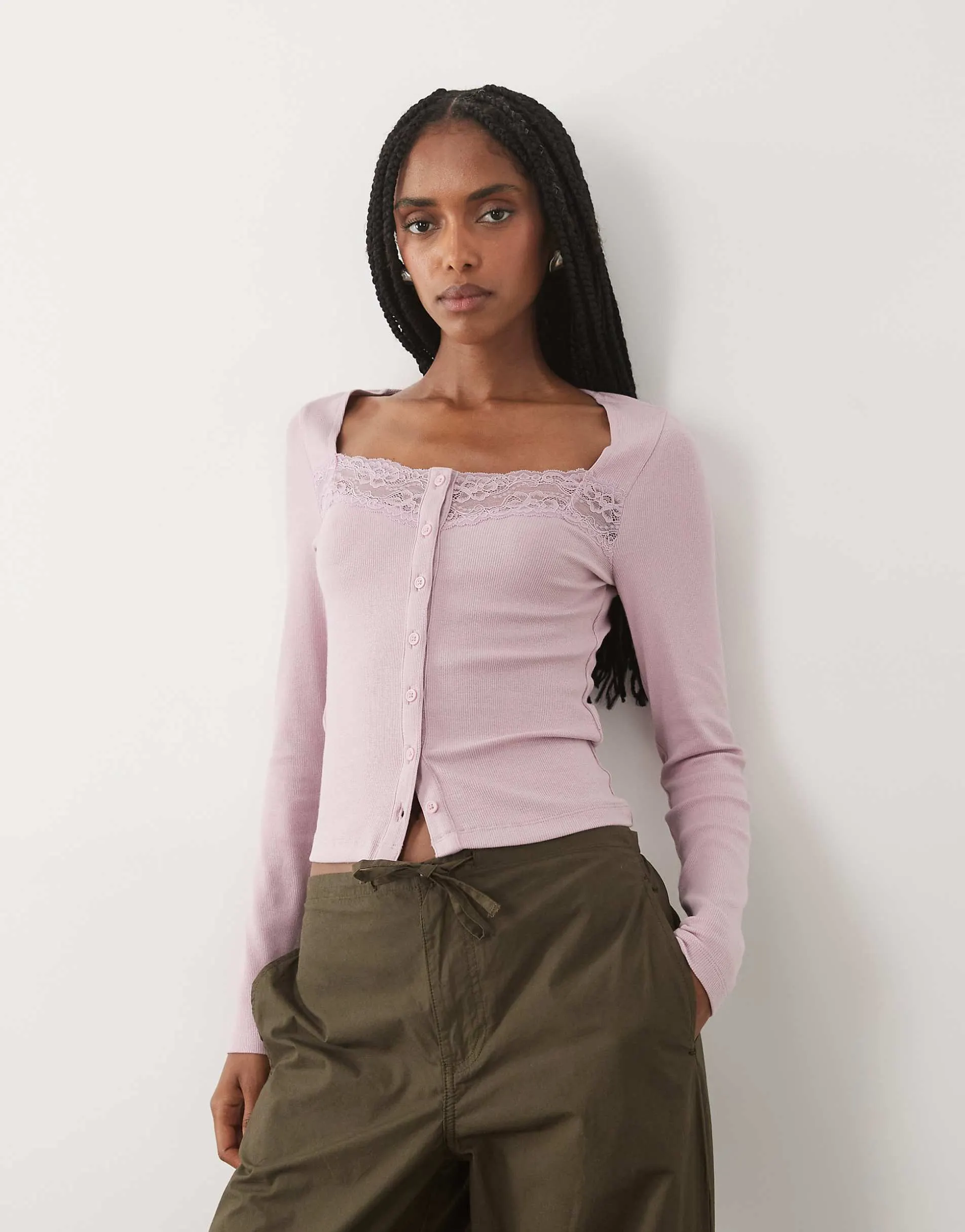 Miss Selfridge button through long sleeve top in pink