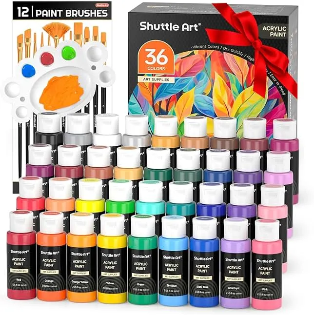 Shuttle Art Acrylic Paint Set, 36 Colors Acrylic Paint with Brushes & Palette, 2oz/60ml Bottles, Rich Pigments Non-toxic for Artists Kids & Adults, Painting on Canvas Rocks Ceramic Wood