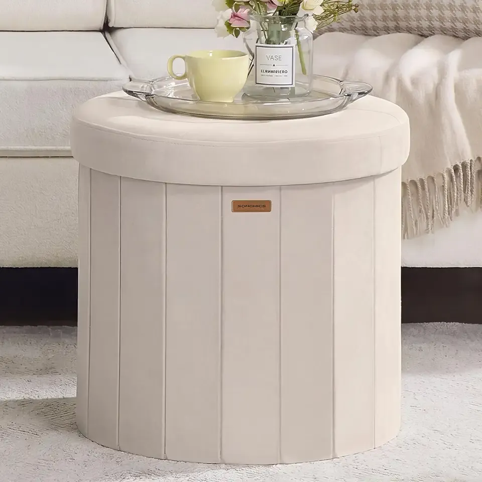 Mazie Collection - Round Storage Ottoman, Folding Footrest Stool with Removable Lid, Easy Assembly, Velvet Vanity Stool for Bedroom, Living Room, Entryway, Cappuccino Beige ULSF608L01