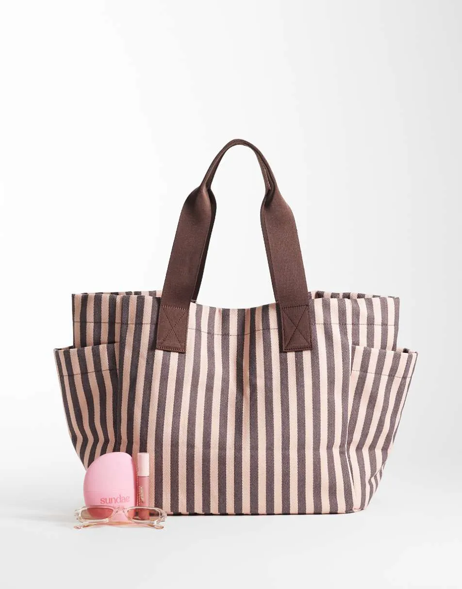ASOS DESIGN striped canvas multi pocket tote bag in light pink and chocolate