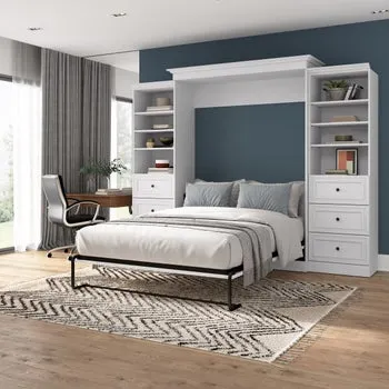 Bestar Audrea Queen Wall Bed in White with two 25" Storage Units with Drawers