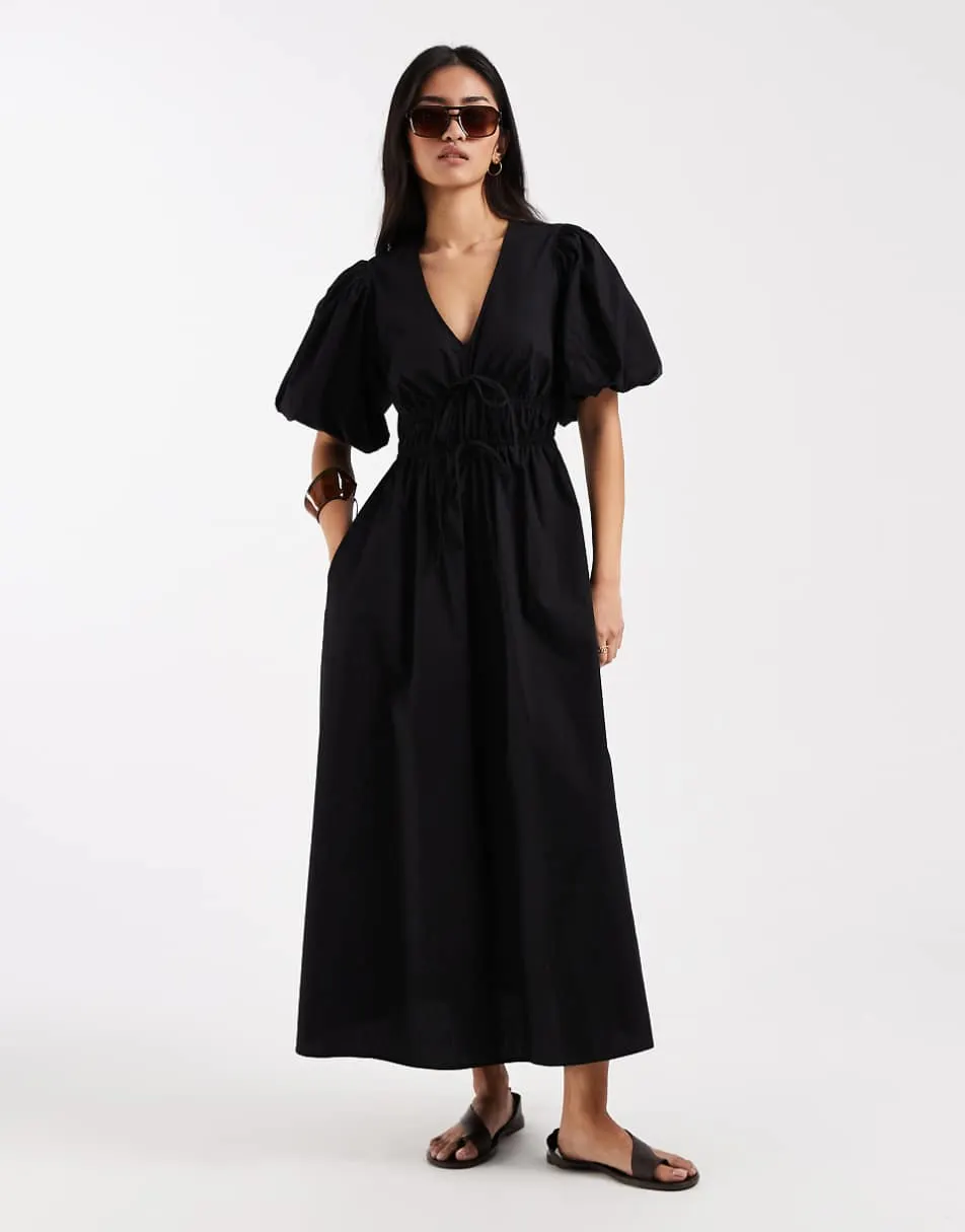 New Look puff sleeve v neck midi dress in black