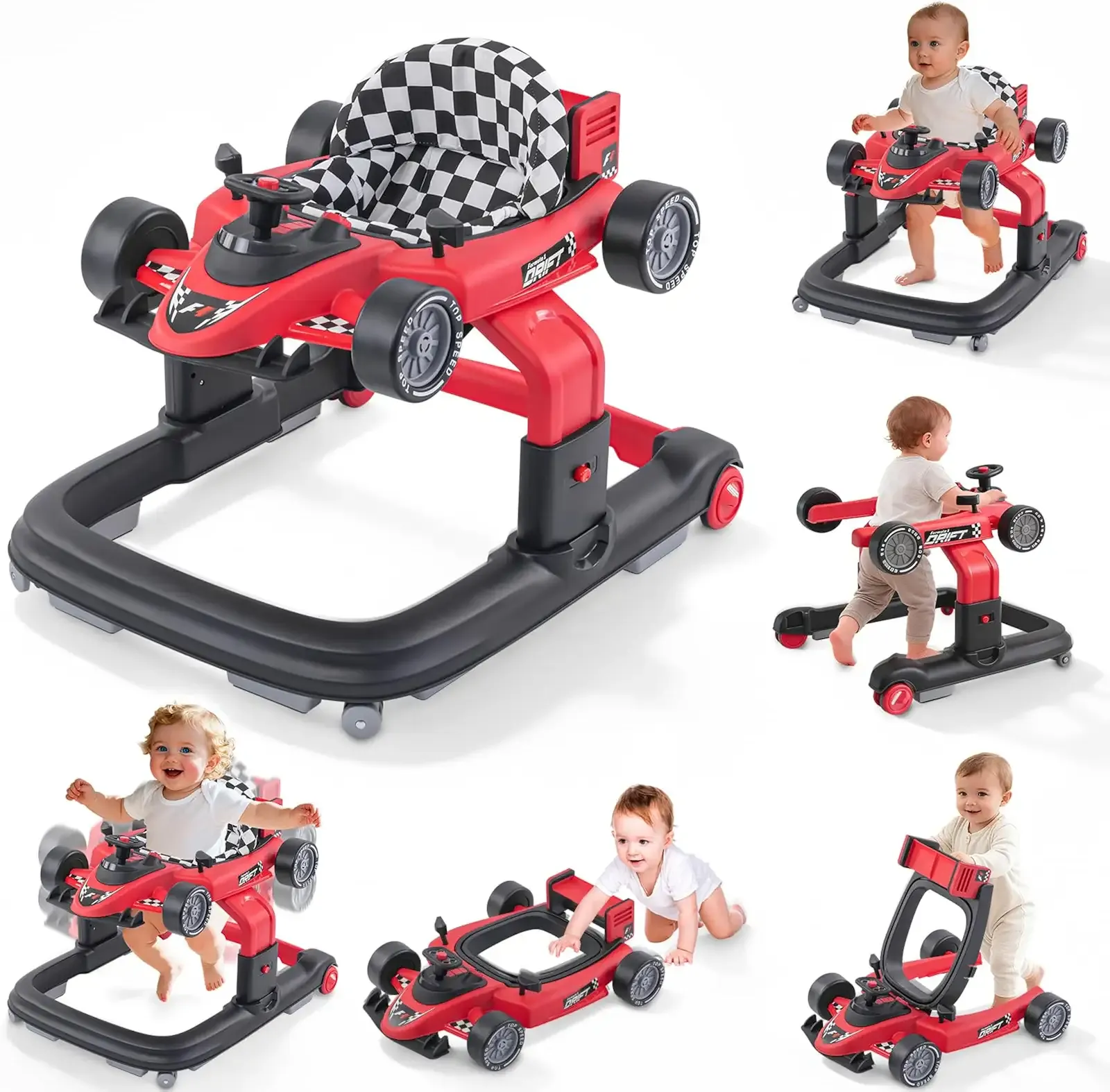 Baby Walker, Baby Walker with Wheels, 3 Adjustable Heights Reinforced Frame 4 Modes Push Walker & Jumper, Music Lights Anti-Rollover Speed Height Adjustment Toddler Activity Walker for 6-18 Months Old