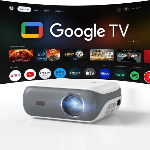 HAPPRUN Official Licensed Google TV Projector, 4K Smart Projector with WiFi & Bluetooth, Outdoor Movie Projector with Dolby Sound, Built-in Streaming Apps, Compatible with Game Consoles & Smartphones