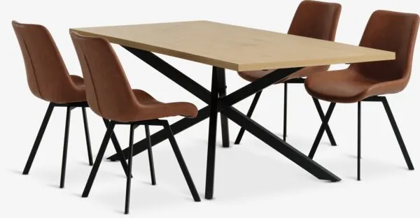 NORTOFT + HYGUM NORTOFT L200 tafel warm eik + 4 HYGUM stoelen cognac/zwart