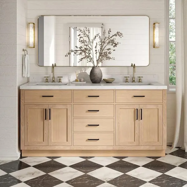 ARIEL Hepburn 72 in.​ Double Sink Freestanding Bathroom Vanity in Oak with Carrara White Quartz Top