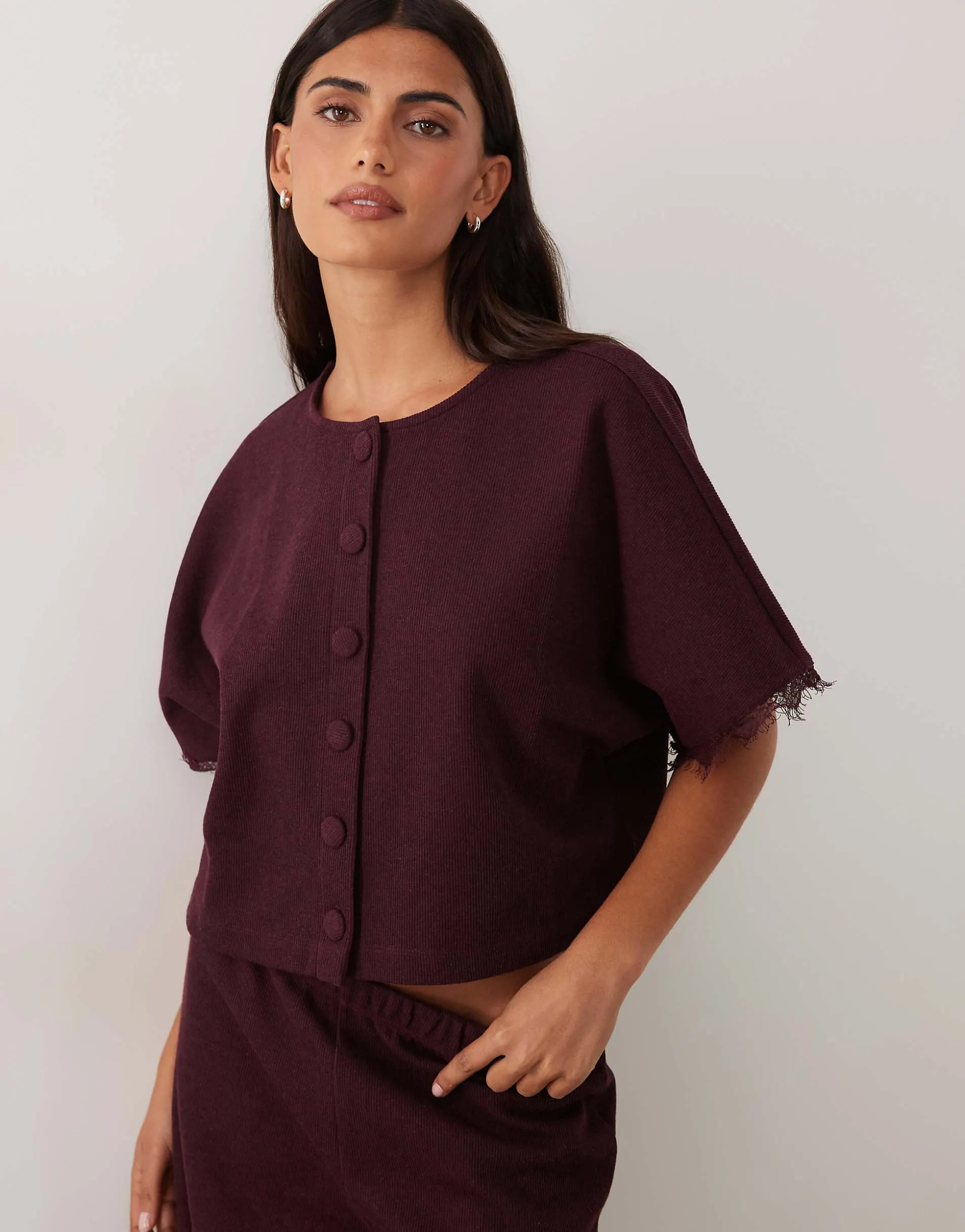 Miss Selfridge batwing sleeve button through top with lace trim in plum