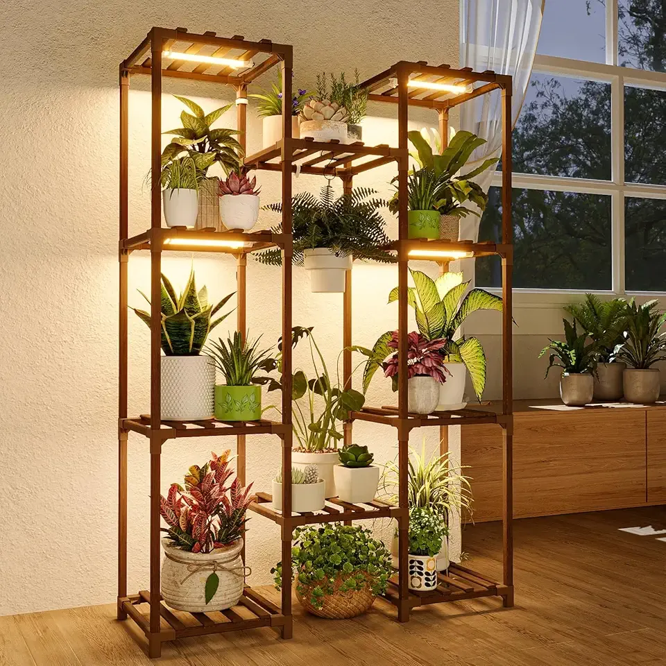 Bamworld Plant Stand with Grow Light Plant Shelf for Mutiple Pots Large Plant Holder for Living Room Patio Boho Home Decor for Gardening Warm Light