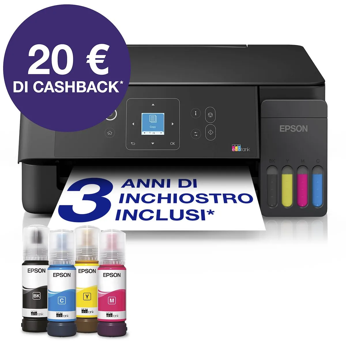 EPSON - EcoTank ET - 2920 stampante multifunzione A4 Wi - Fi con serbatoi di inchiostro, fino a 3 anni di inchiostro inclusi, 20 € di cashback1
