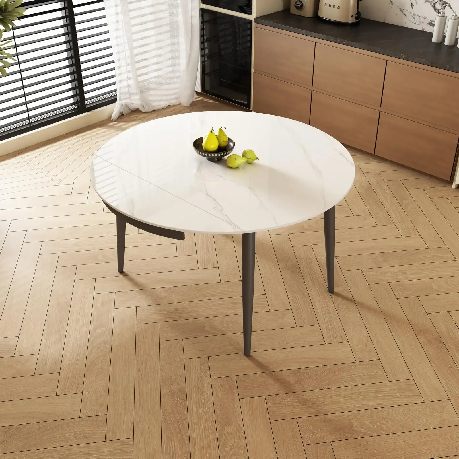 51.2-inch extendable White sintered Stone Round Dining Table, Suitable for 4-6 People, Modern Round Dining Table, Suitable for Restaurants, Kitchens, and Living Rooms, Apartments (1 Table)