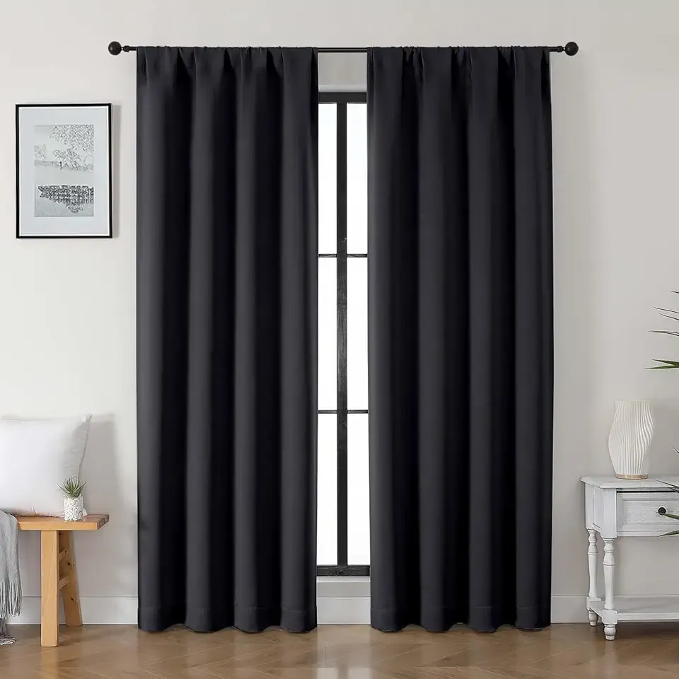 Black Blackout Curtains for Bedroom 84 inches Long 2 Panels Set, Solid Noise Reducing Thermal Insulated Blackout Curtains for Living Room with Rod Pocket, Each 40" Wx84 L